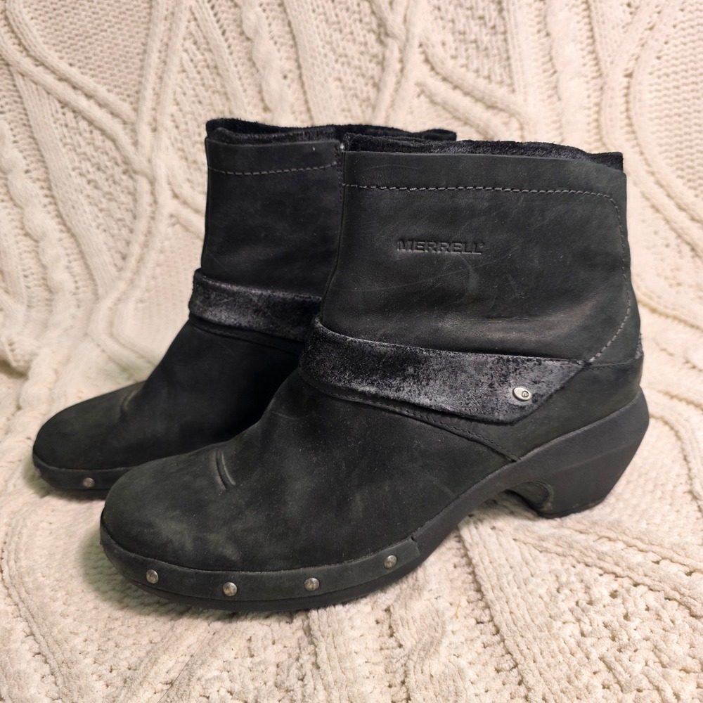 Merrell Luxe Ankle Boots Booties Moto Black Leather Studded Zip Womens 8.5